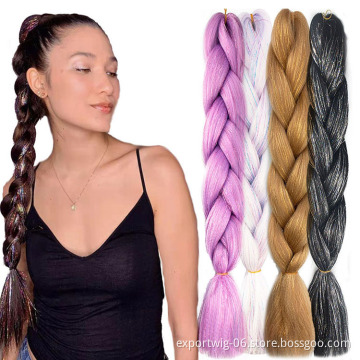 Jumbo Braiding Hair With Hair Tinsel Bling Synthetic Braid Hair Extension Mix Shining Tinsle 24 Inch Solid Color Black Blonde
